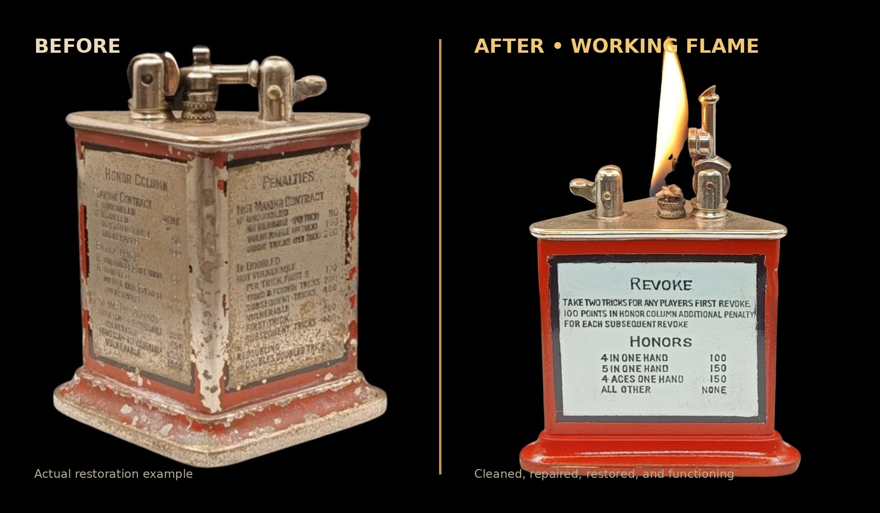 Before and after antique bridge score petrol lighter restoration with working flame